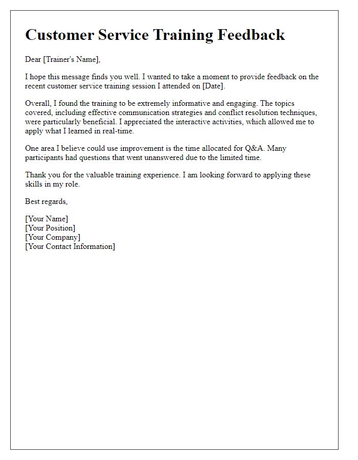 Letter template of customer service training feedback