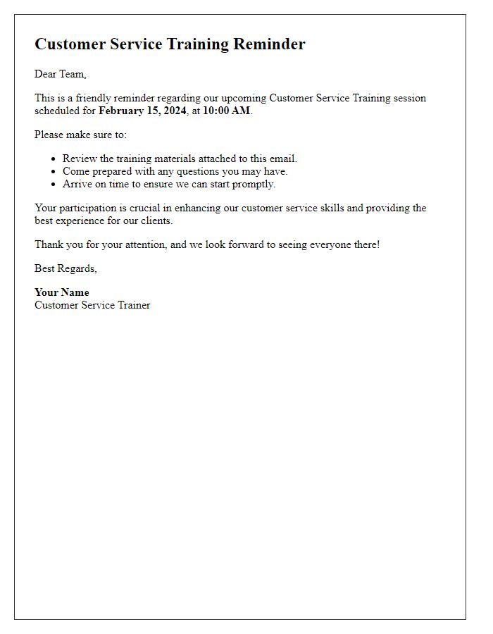 Letter template of customer service training reminder