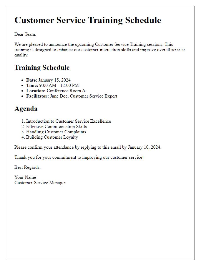 Letter template of customer service training schedule