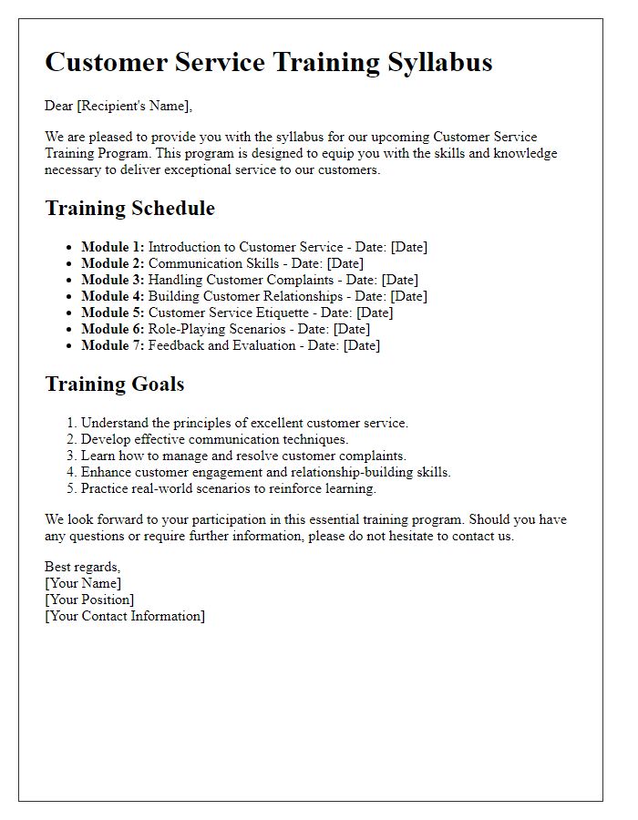 Letter template of customer service training syllabus