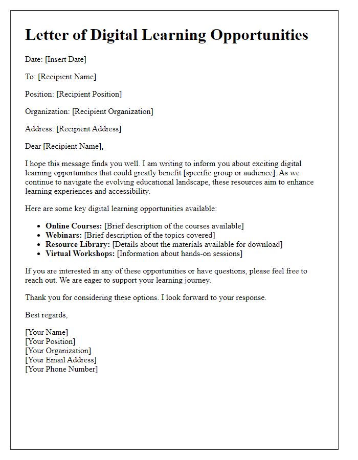 Letter template of Digital Learning Opportunities