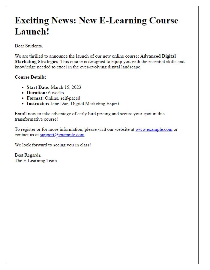 Letter template of E-Learning Course Announcement