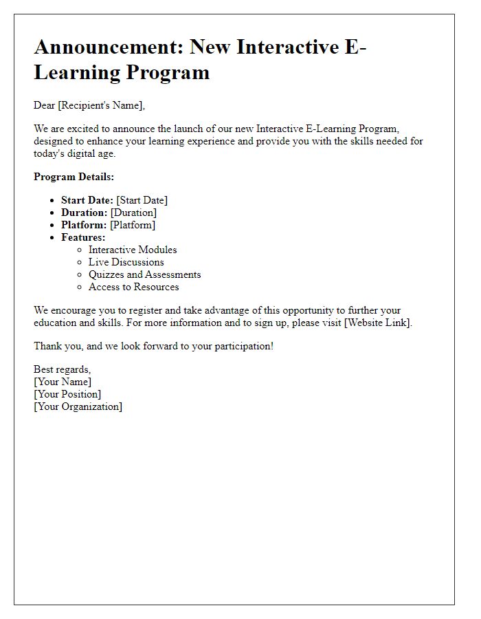 Letter template of Interactive E-Learning Program Announcement