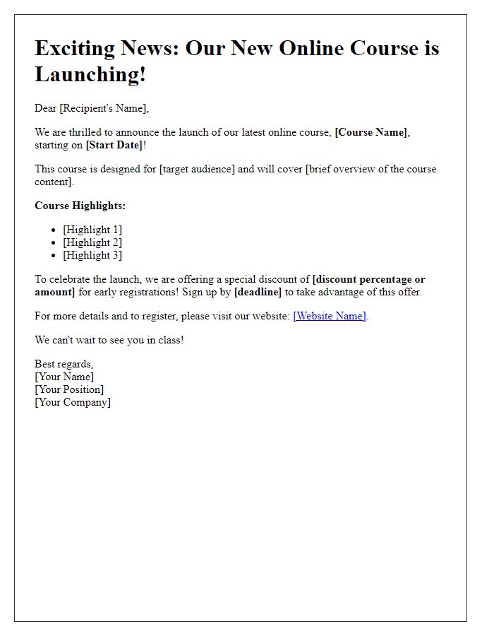 Letter template of Online Course Launch