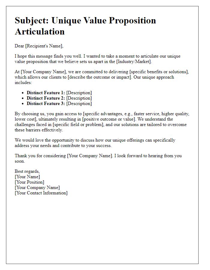 Letter template of unique value proposition articulation