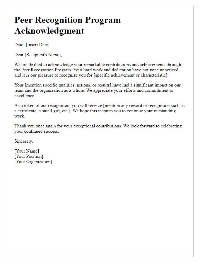 Letter template of acknowledgment for peer recognition program achievements