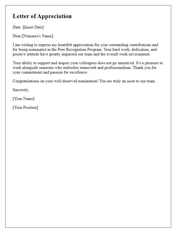 Letter template of appreciation for peer recognition program nomination