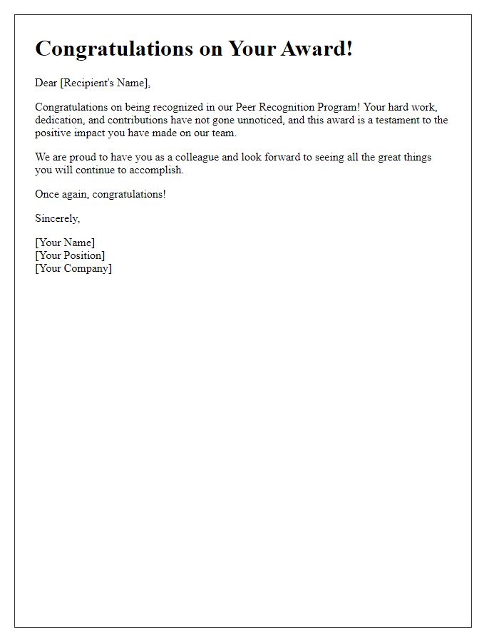 Letter template of congratulations for peer recognition program award