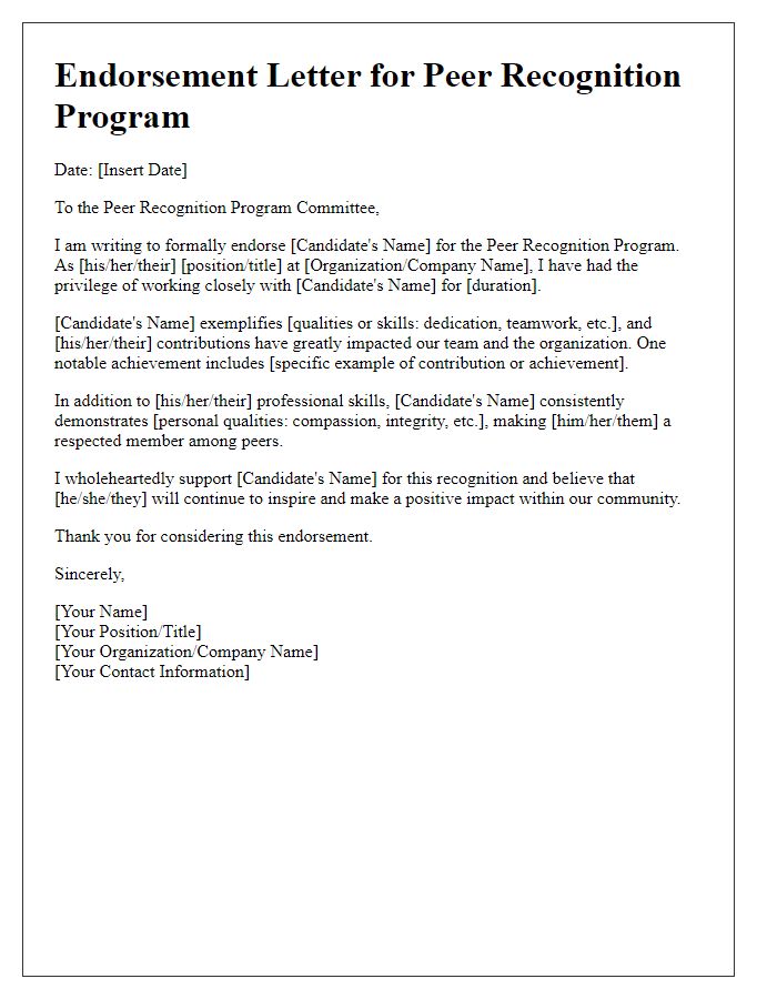 Letter template of endorsement for peer recognition program candidates