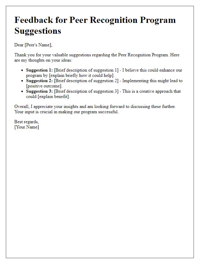 Letter template of feedback for peer recognition program suggestions