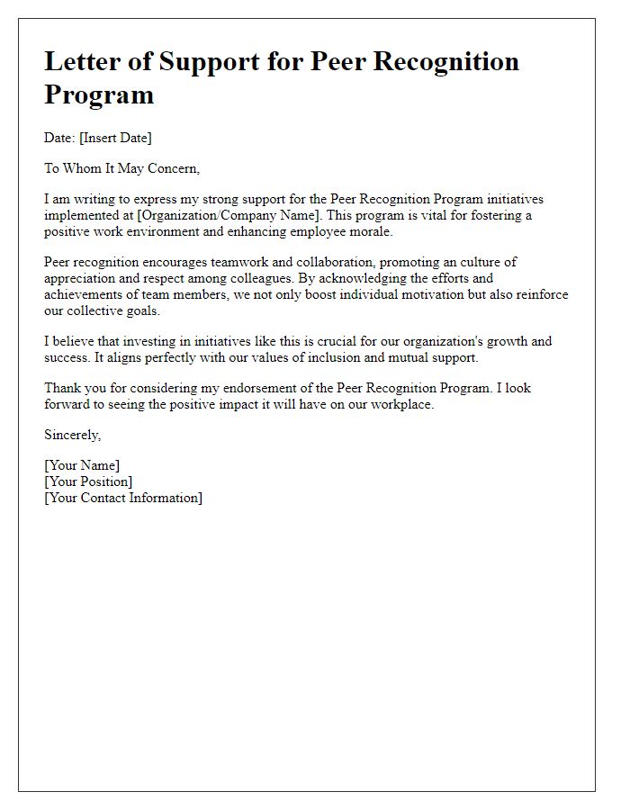 Letter template of support for peer recognition program initiatives