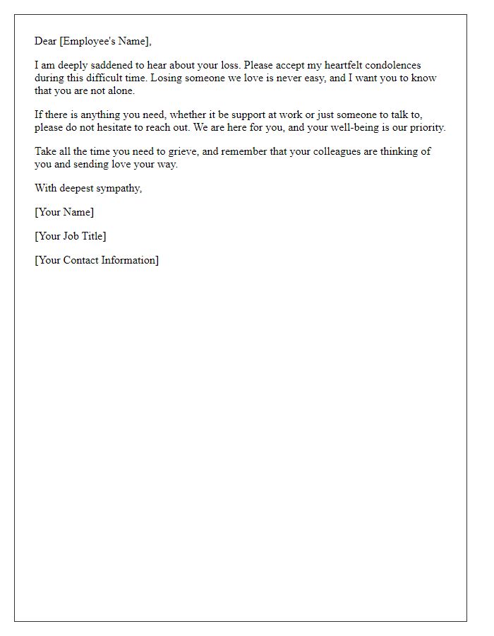 Letter template of compassion for a fellow employee in mourning