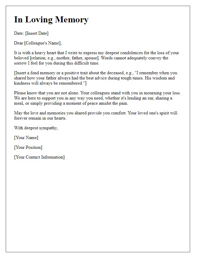 Letter template of remembrance for a colleague's loved one