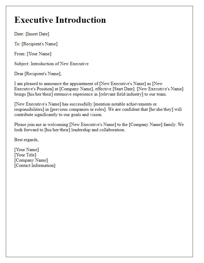 Letter template of new executive introduction