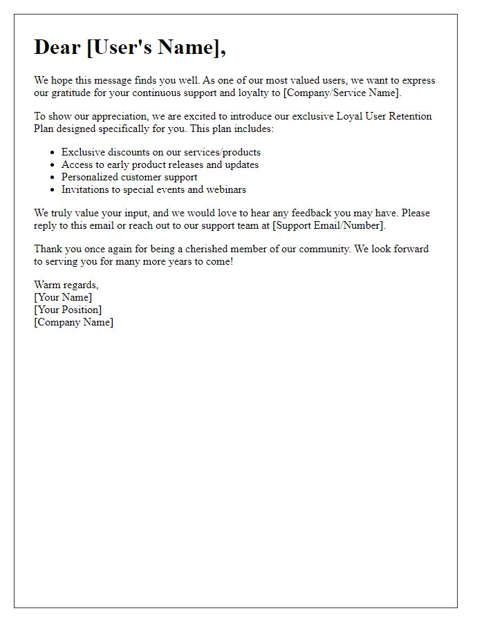 Letter template of communication for loyal user retention plan