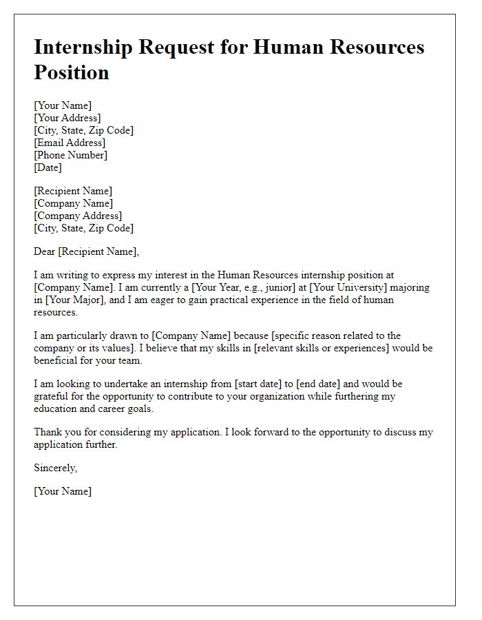 Letter template of internship request for human resources position