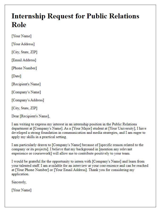 Letter template of internship request for public relations role