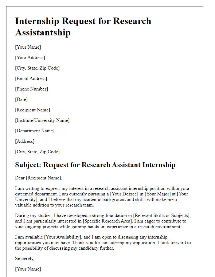 Letter template of internship request for research assistantship