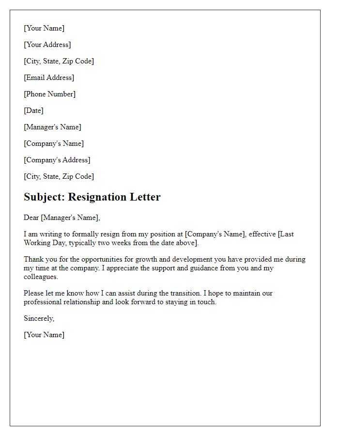 Letter template of formal resignation from employment