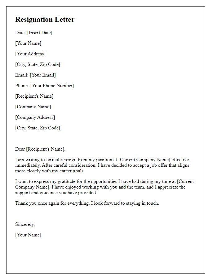 Letter template of resignation in response to a job offer