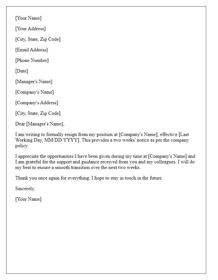 Letter template of resignation with two weeks' notice