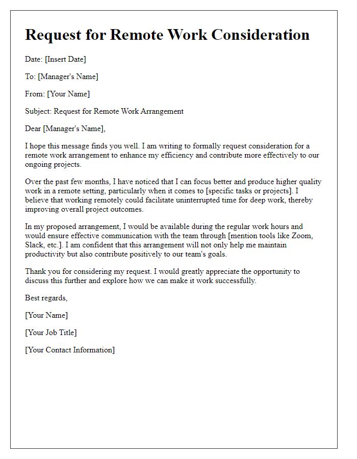 Letter template of remote work consideration request for project efficiency.