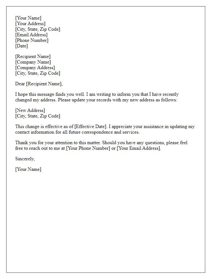 Letter template of address change letter for professional services