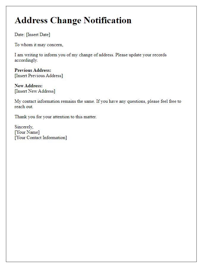 Letter template of address change notification for personal use