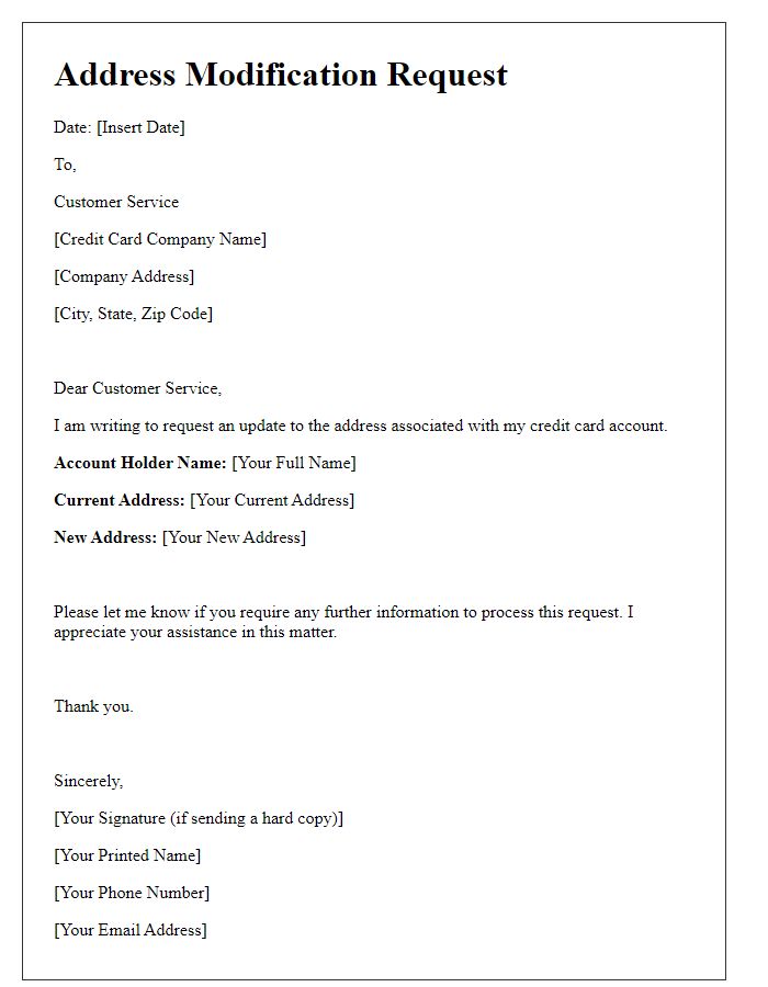 Letter template of address modification for credit card companies