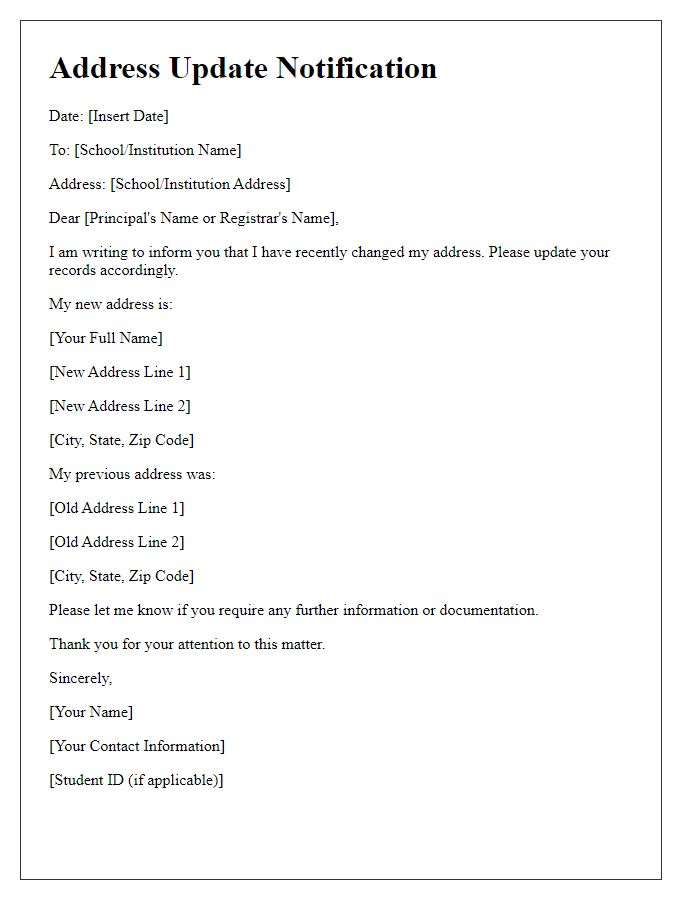 Letter template of address update for school and educational institutions