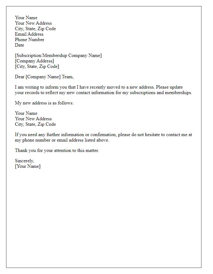 Letter template of moving address notification for subscriptions and memberships