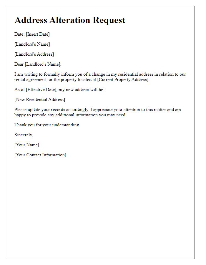 Letter template of residential address alteration for rental agreements