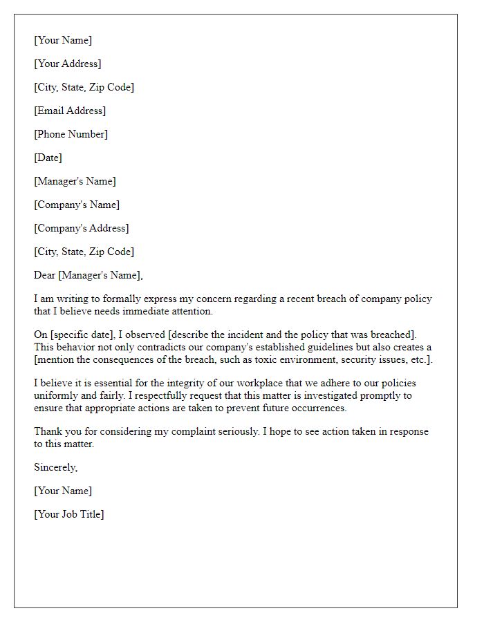 Letter template of formal complaint about breach of company policy.