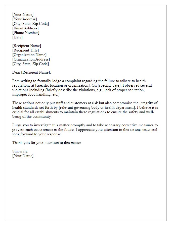 Letter template of formal complaint about failure to follow health regulations.