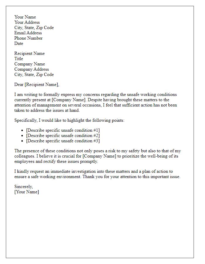 Letter template of formal complaint about unsafe working conditions.