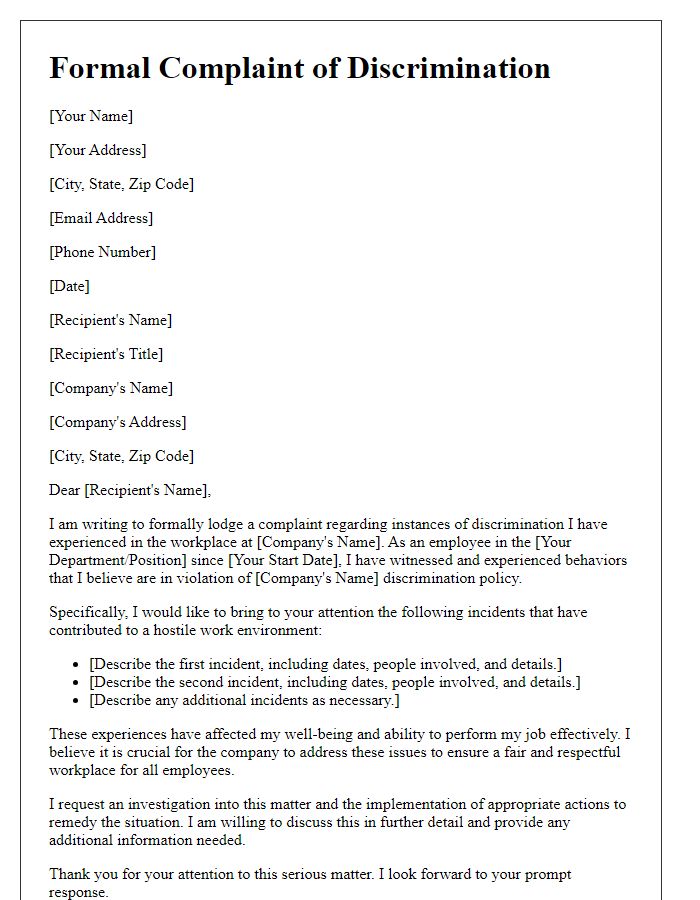 Letter template of formal complaint addressing discrimination in the workplace.