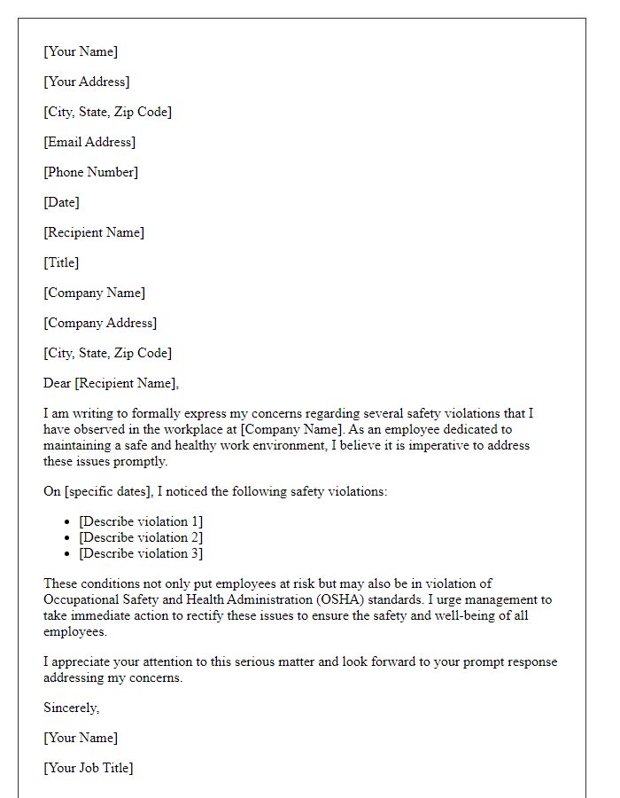 Letter template of formal complaint concerning workplace safety violations.