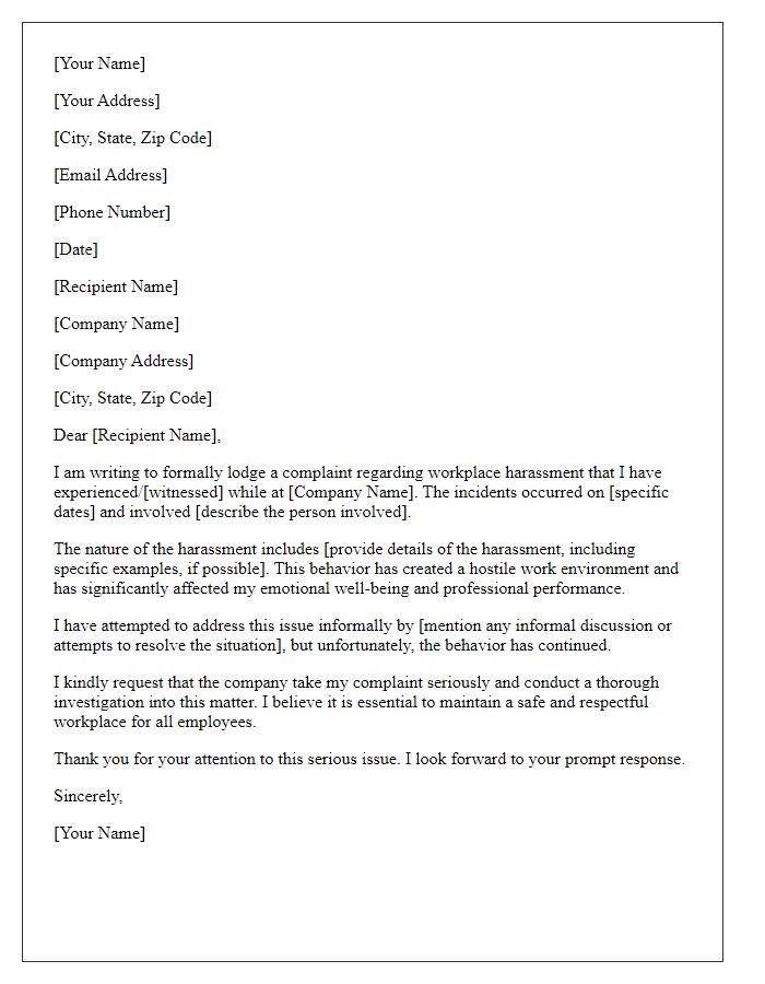 Letter template of formal complaint regarding workplace harassment.