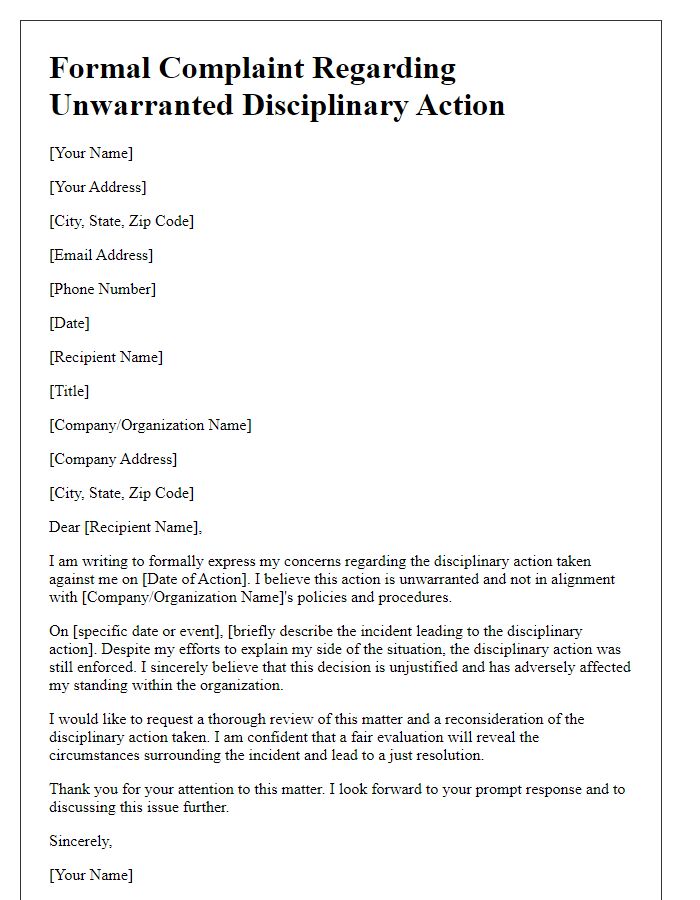 Letter template of formal complaint related to unwarranted disciplinary action.