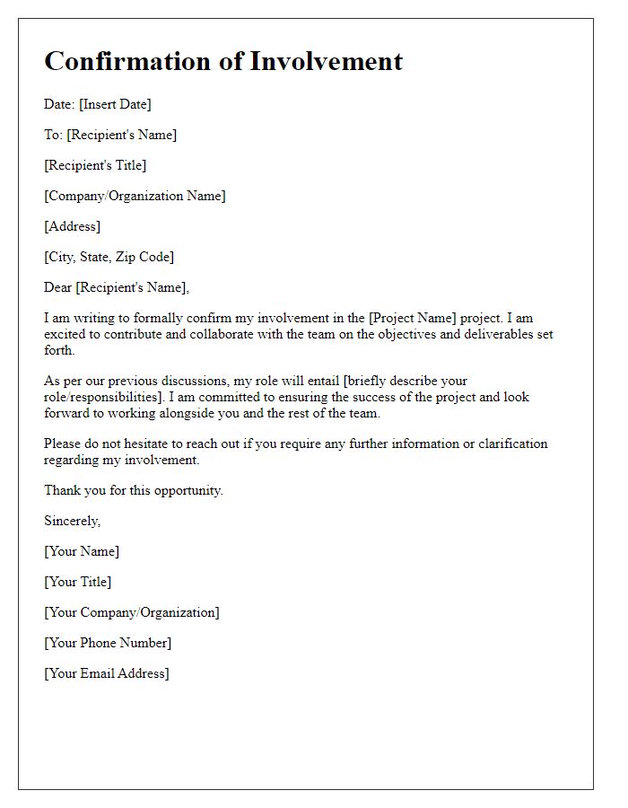 Letter template of confirmation of involvement in project