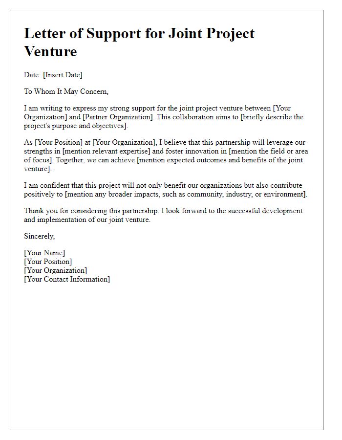 Letter template of support for joint project venture