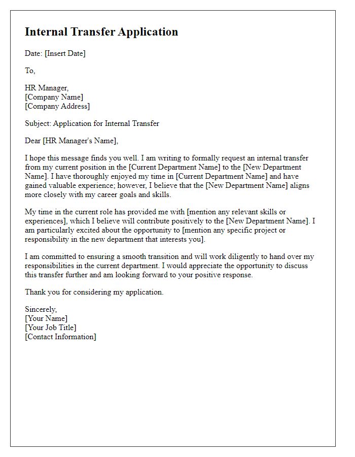 Letter template of internal transfer application to new department