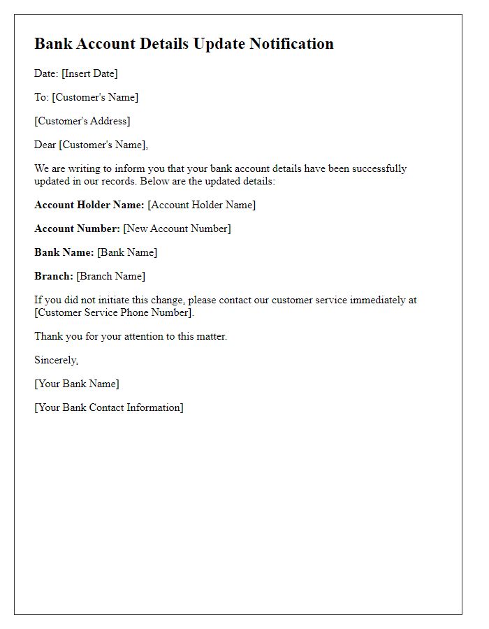 Letter template of bank account details update notification