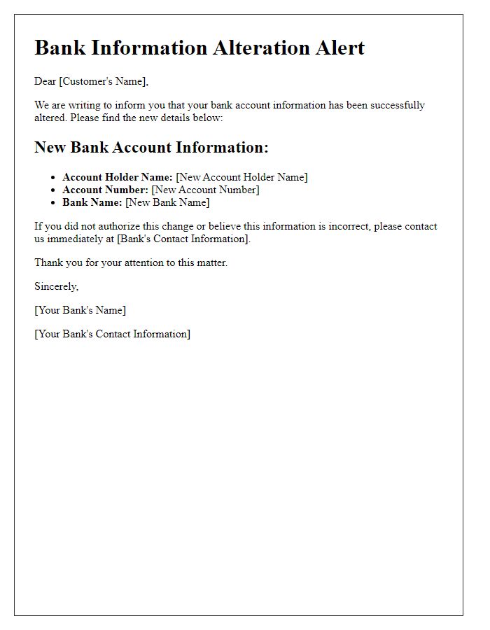 Letter template of bank information alteration alert