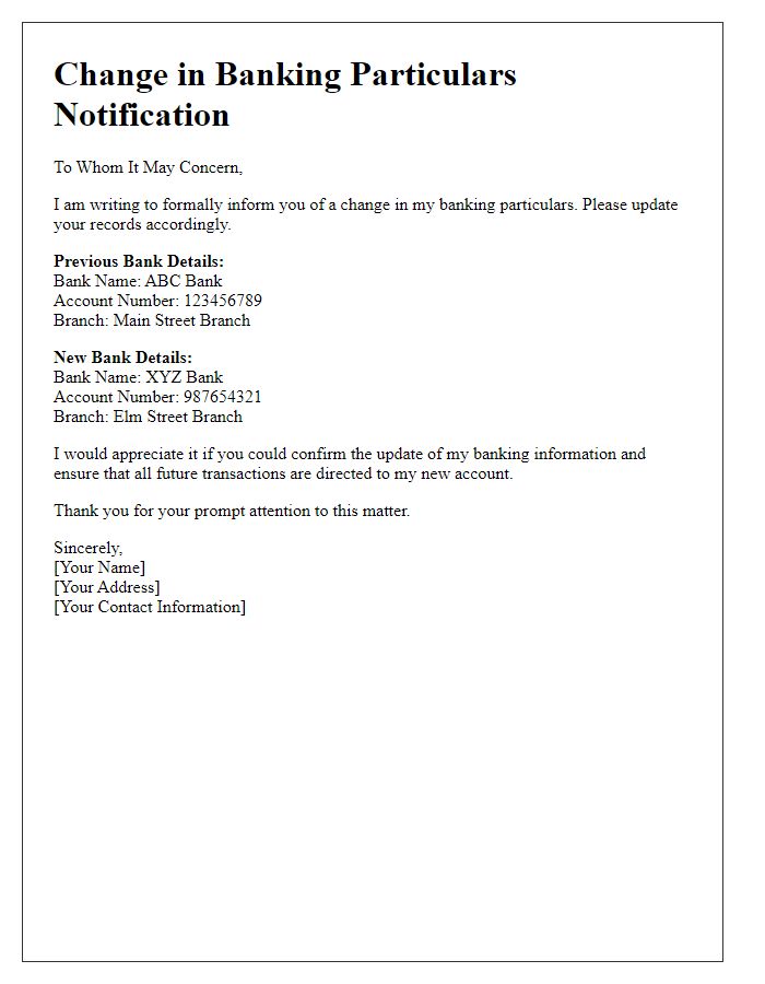 Letter template of change in banking particulars communication