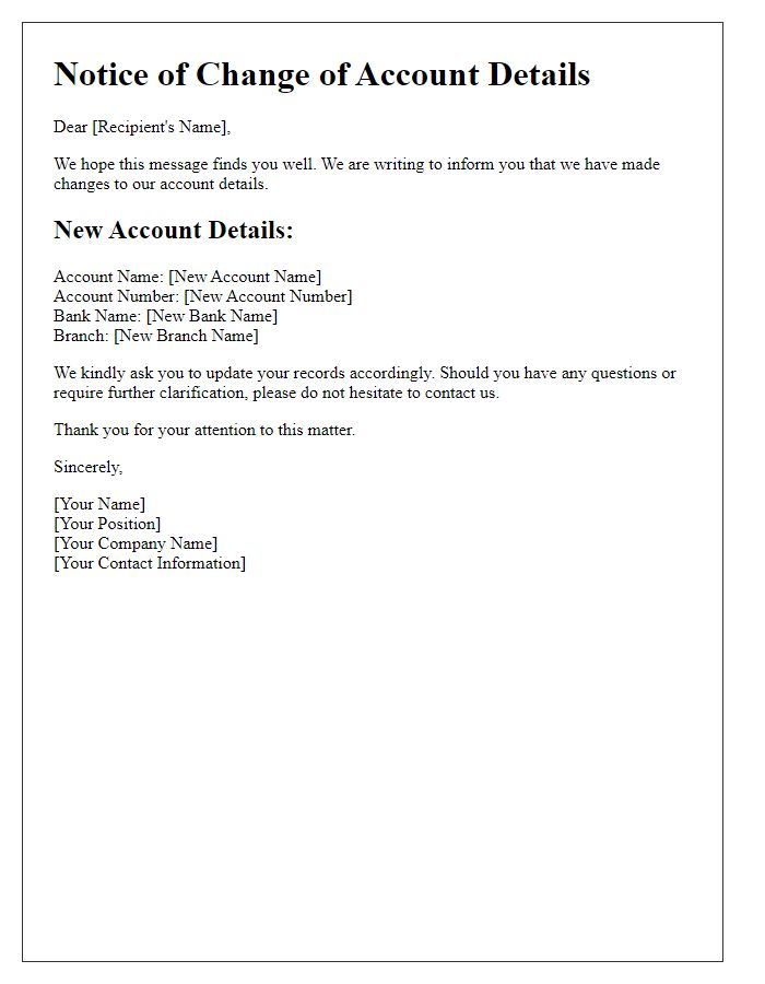 Letter template of change of account details notification