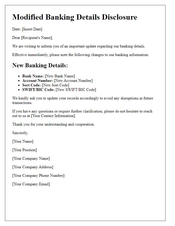 Letter template of modified banking details disclosure