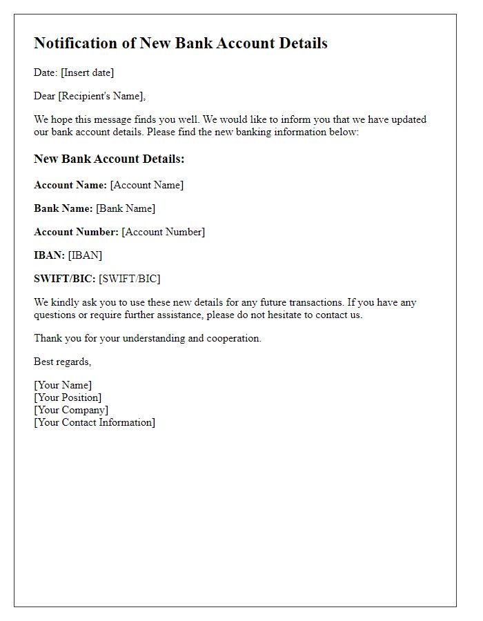 Letter template of notification regarding new bank account details