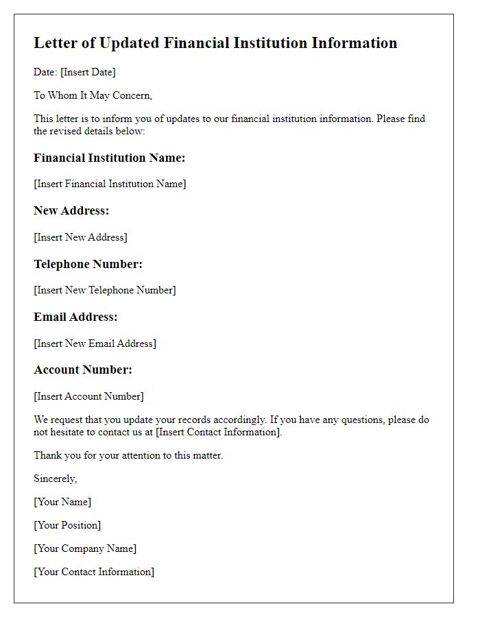 Letter template of updated financial institution information