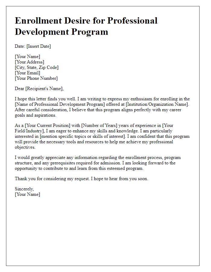 Letter template of enrollment desire for professional development program